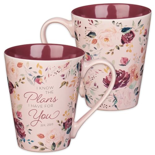 Christian Art Gifts Comforting Rosy Keramiktasse für Kaffee und Tee für Frauen: I Know the Plans,Jeremia 29:11 inspirierender Bibelvers Neuheit Heiß- und Kaltgetränkebecher, Pink/Pflaumenblume, 400 ml von Christian Art Gifts