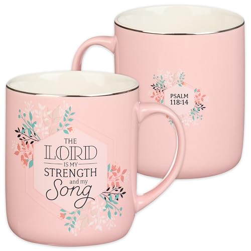 Christian Art Gifts Große, 400 ml Keramik-Kaffee- und Teetasse für Frauen: The Lord is My Strength – Psalm 118:14 inspirierender Bibelvers, bleifreies Trinkgeschirr mit silberfarbenem Rand, rosa von Christian Art Gifts