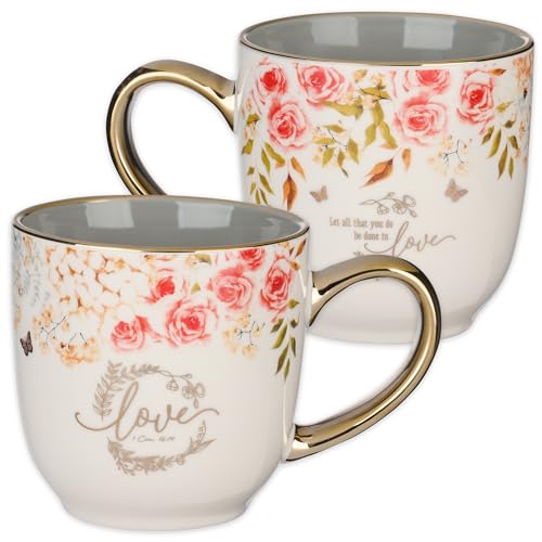 Christian Art Gifts Inspirierende Keramik-Kaffee- und Teetasse mit Gold für Frauen: Let All That You Do be Done in Love – 1 Korinther 16:14 Ermutigender Bibelvers, Weiß mit rotem und orangefarbenem von Christian Art Gifts