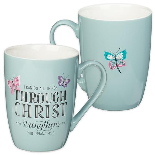 Christian Art Gifts Inspirierende Keramik-Kaffeetasse für Frauen: All Things Through Christ, Philippier 4:13 Bibelvers, hellblau & weiß mit rosa & violetten Schmetterlingen, 340 ml. von Christian Art Gifts