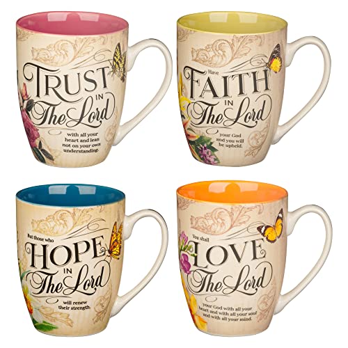 Christian Art Gifts Kaffee- und Teebecher-Set, Keramik, Blumenmuster, 4 Stück, mit Schmetterlingen und Bibelversen, mehrfarbig, blau/rosa/grün/orange von Christian Art Gifts