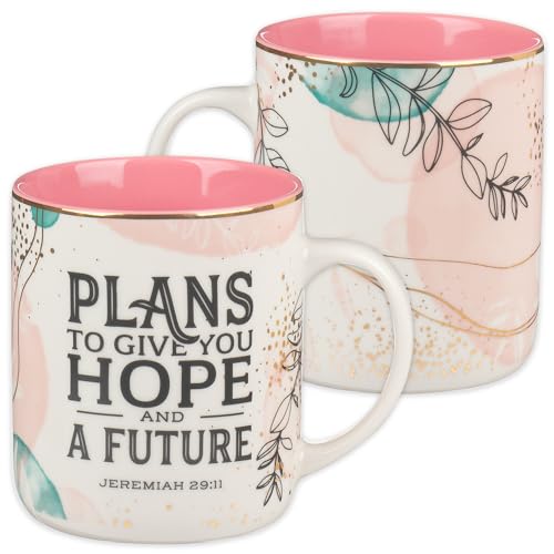 Christian Art Gifts Kaffee- und Teetasse aus Keramik, Aufschrift "Plans to Give You A Hope", inspirierender Bibelvers, blei- und cadmiumfrei, ungiftig, weiß und rosa, mehrfarbig, Blumenmuster, 400 ml von Christian Art Gifts