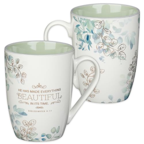 Christian Art Gifts Keramik-Kaffee- und Teetasse für Frauen, 340 ml, Blumenweiß und Salbeigrün, inspirierender Bibelvers – Made Everything Beautiful – Ecclesiastes 3:11 bleifreie Tasse von Christian Art Gifts