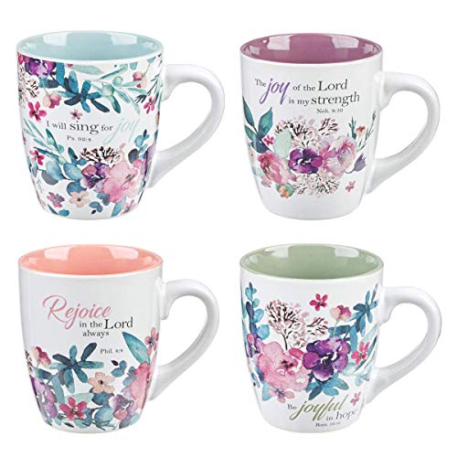 Christian Art Gifts Keramik-Kaffee-/Teetassen-Set für Frauen | Rejoice Aquarell Blumen Design Bibelvers Tassen-Set | 4 Kaffeetassen von Christian Art Gifts