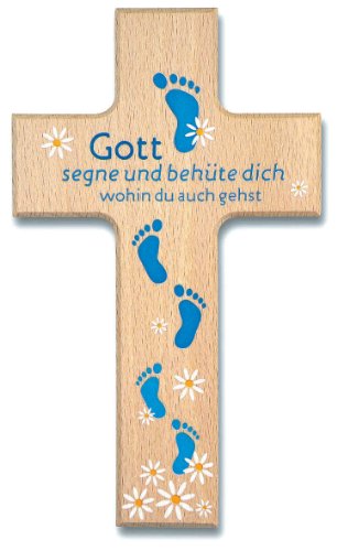 °°2572 Kinderkreuz Holzkreuz "Gott segne und behüte dich" Füße blau von Uljö