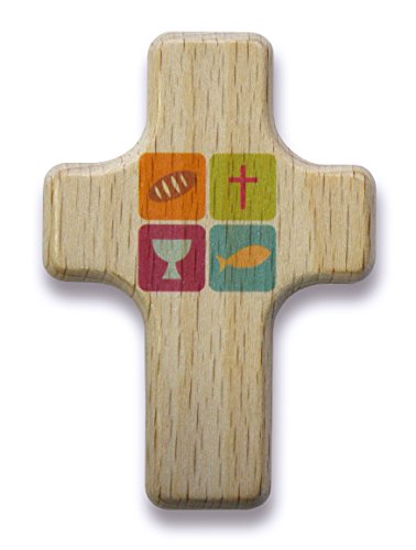 Christliche Geschenkideen °°2550 Handkreuz aus Holz Handschmeichler (Brot, Kreuz, Fisch und Kelch) von Christliche Geschenkideen