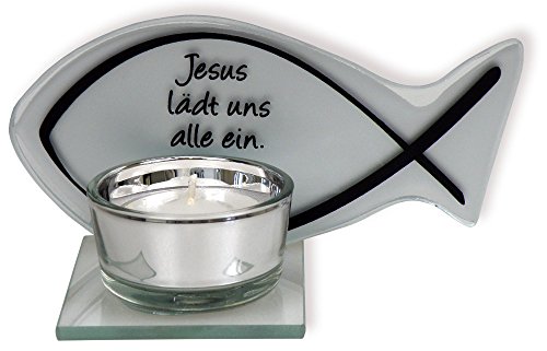 Christliche Geschenkideen °° Glas-Teelichthalter Fisch (Jesus lädt Uns alle EIN) von Christliche Geschenkideen