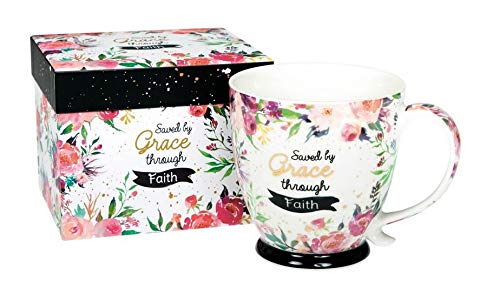 Geschenktasse in passender Box"Saved by Grace" Eph 2,8 im Vintage Blumen Muster von Christliche Geschenkideen