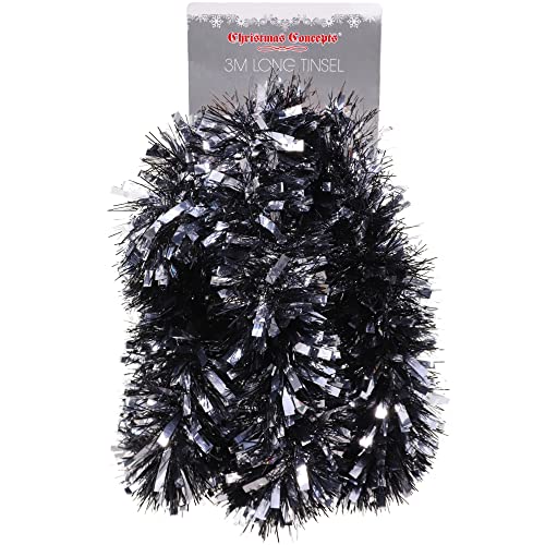 Christmas Concepts® 3m / 9.8ft Klobig/Feines Weihnachtslametta - Weihnachtsdekoration - Hochwertige Lametta (Schwarzes Silber) von Christmas Concepts