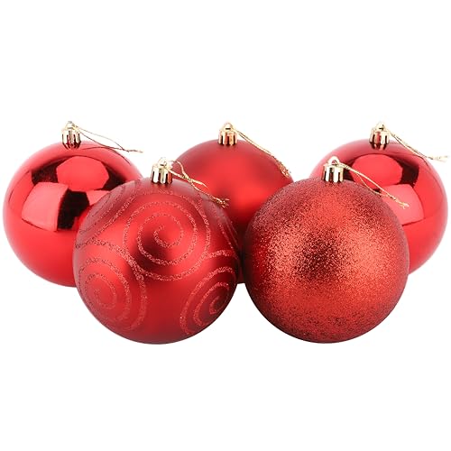 Christmas Concepts® 5er Pack - Extra große 100mm Christbaumkugeln - Glänzend, Matt & Glitterdekorierte Kugeln (Rot) von Christmas Concepts