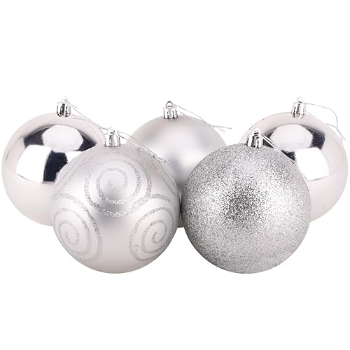 Christmas Concepts® 5er Pack - Extra große 100mm Christbaumkugeln - Glänzend, Matt & Glitterdekorierte Kugeln (Silber) von Christmas Concepts