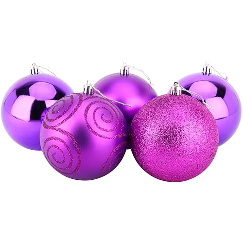 Christmas Concepts® 5er Pack - Extra große 100mm Christbaumkugeln - Glänzend, Matt & Glitterdekorierte Kugeln (Violett) von Christmas Concepts