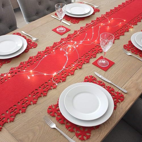 Christmas Concepts® 9-teiliges Tischwäscheset aus rotem Filz für Weihnachten - Inklusive 2 m Tischläufer mit Schneeflockenmuster, Tischsets mit Schneeflockenmuster und Untersetzer von Christmas Concepts