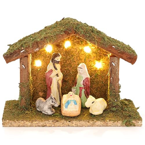 Christmas Concepts® Batteriebetriebene Miniatur-Krippe, 14 cm, 5 warmweiße LED-Lichter und Krippenfiguren, traditionelle Weihnachtsdekoration von Christmas Concepts