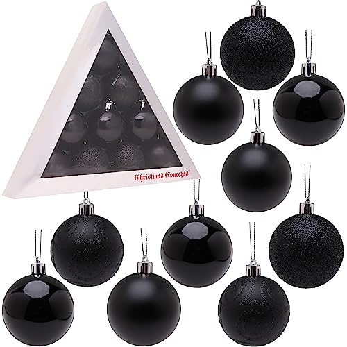 Christmas Concepts® Baumschmuck - Packung mit 10 Schwarz Glitter Kugeln, 6cm, Shatterproof, Hängend, Weihnachten von Christmas Concepts