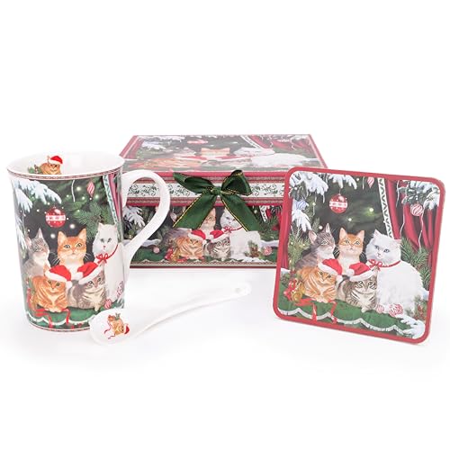 Christmas Concepts® Festive Cat Deluxe Keramikgeschirr-Serie, Teeservice mit 297 ml Tasse, Löffel und Untersetzer, mit passender dekorativer Geschenkbox von Christmas Concepts