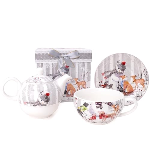 Christmas Concepts® Keramikgeschirr-Serie Schneemann und Freunde, Teeservice mit Teekanne, Tasse und Untertasse, mit passender dekorativer Geschenkbox von Christmas Concepts