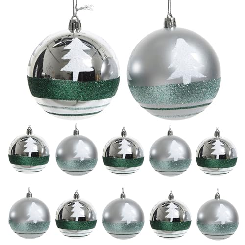 Weihnachtskugeln 8cm x 12 Stück Tannenbaum Motiv Kunststoff Christbaumkugeln Silber von Christmas Decoration