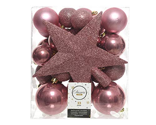 Weihnachtskugeln mit Christbaumspitze Stern Kunststoff 33er Set bruchsicher Altrosa samtpink von Kaemingk