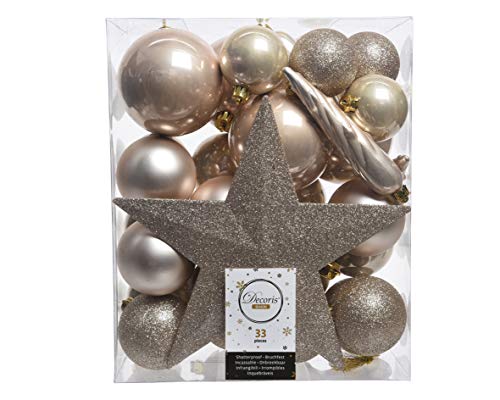 Weihnachtskugeln mit Christbaumspitze Stern Kunststoff 33er Set bruchsicher Champagner Perle beige von Christmas Decorations