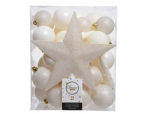 Weihnachtskugeln mit Christbaumspitze Stern Kunststoff 33er Set bruchsicher Ivory Elfenbein von Christmas Decorations