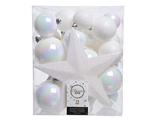 Weihnachtskugeln mit Christbaumspitze Stern Kunststoff 33er Set bruchsicher weiß irisierend Perlmutt von Christmas Decorations