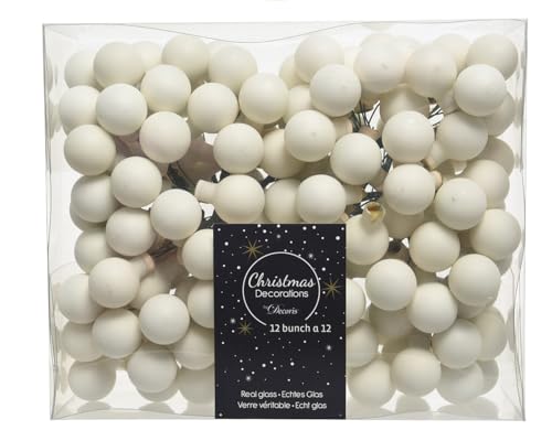 Weihnachtskugeln am Draht Glas 2cm x 144 Stück Spiegelbeeren Mini Ivory wollweiß Elfenbein Creme matt von Christmas Decorations