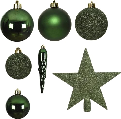 Weihnachtskugeln mit Christbaumspitze Stern Kunststoff 33er Set bruchsicher piniengrün dunkelgrün von Christmas Decorations