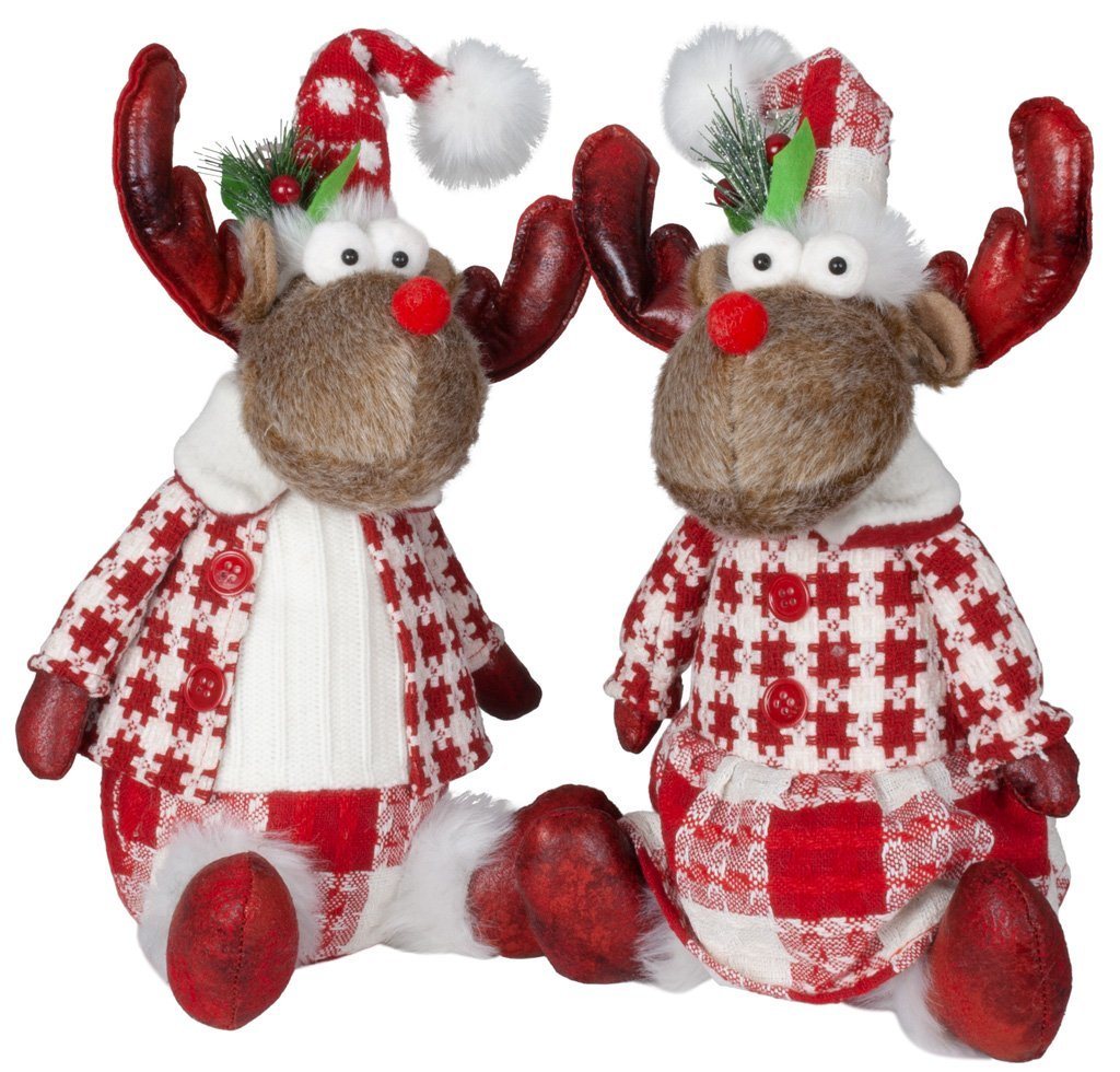 Christmas Paradise Weihnachtsfigur Elch sitzend 32cm (40cm) (Dekofiguren, 2 St., im Set), Rentier Pärchen, 2 Designs Mann und Frau, Weihnachtsdeko Rot-Weiss von Christmas Paradise