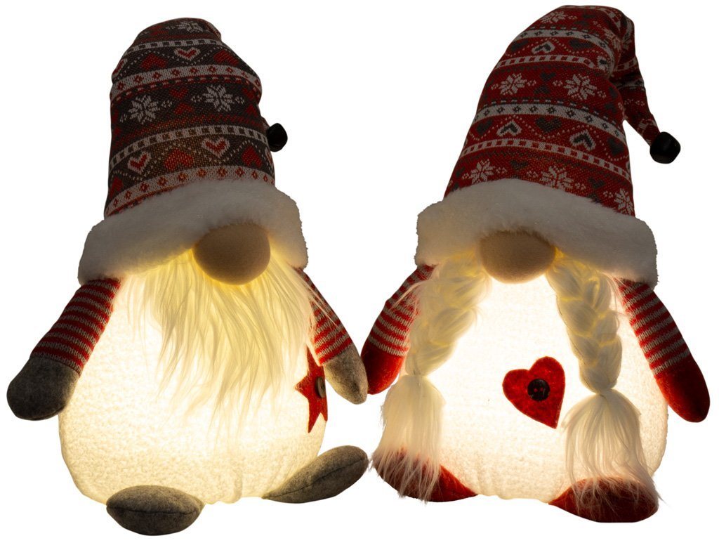 Christmas Paradise Weihnachtsfigur sitzender Wichtel 42cm (50cm) mit Beleuchtung (Dekofiguren, 2 St., im Set), LED Gnom Pärchen, 2 Designs Mann und Frau, Weihnachtsdeko Rot-Weiß von Christmas Paradise