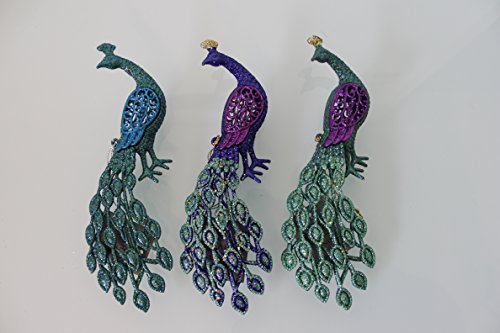 3er Set Farbig Glitzer Pfau Vögel Weihnachtsdekoration 20cm von Christmas @ Thumpers