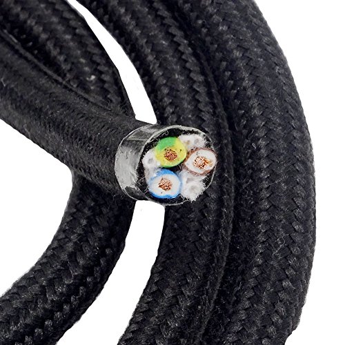 3m Hochwertiges Baumwoll-Kabel Schwarz 3x0,75 mm² 3G H03RT-H Strom-Kabel umsponnen von Christoph Palme Leuchten