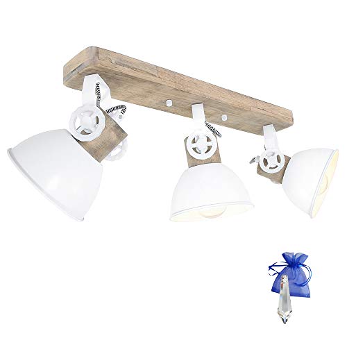 Christoph Palme Leuchten Industrielle Vintage-Deckenleuchte Weiß, 3x E27 Spots, 60 cm Länge – Modell 2133W + Gratis Kristall 38mm von Christoph Palme Leuchten