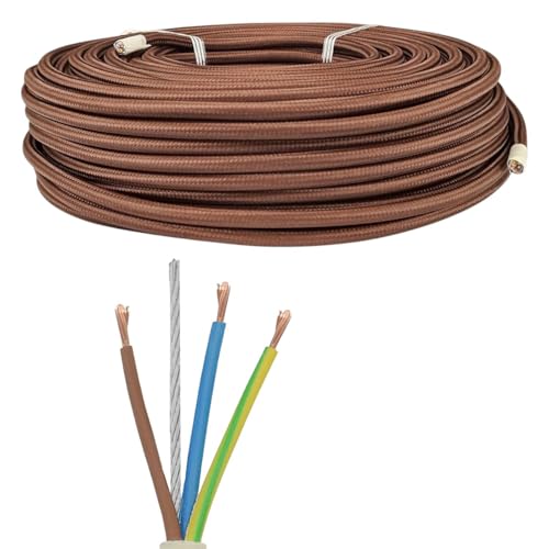 Textilkabel Braun 3×0,75 mm² mit Stahlseil – 3-adriges Stoffkabel für Pendelleuchten und Lichtinstallationen – Meterware von Christoph Palme