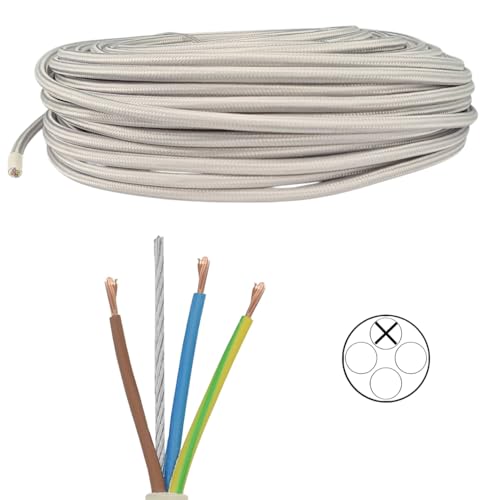 Textilkabel Silber 3×0,75 mm² mit Stahlseil – 3-adriges Stoffkabel für Pendelleuchten und Lichtinstallationen – Meterware von Christoph Palme