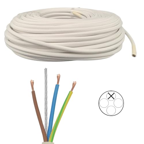 Textilkabel Weiß 3×0,75 mm² mit Stahlseil – 3-adriges Stoffkabel für Pendelleuchten und Lichtinstallationen – Meterware von Christoph Palme