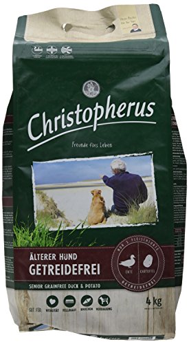 Christopherus Grainfree Senior, Vollnahrung für futtersensible Hunde ab dem 6. Jahr, Trockenfutter, Ente + Kartoffel, Krokettengröße ca. 1 cm, Älterer Hund, 4 kg von Christopherus