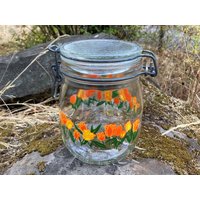 Vintage Carlton Glasdraht Steckdose/Kanister Mit Orange & Gelb Tulpe Blumenmuster 3/4 Liter von ChristyLouVintage