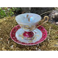 Vintage Lüster Teetasse & Unterteller Mit Rot/ Burgunderrand Und Golddetails Blumen von ChristyLouVintage