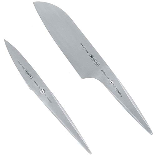 Chroma Messer-Set Type 301, P-29 (P-02, P-09) Schälmesser mit 7,7 cm Klinge + Extra scharfes Santokumesser mit 17,8 cm Klinge, Design by F.A. Porsche, Obstmesser mit ergonomischem Griff von Chroma