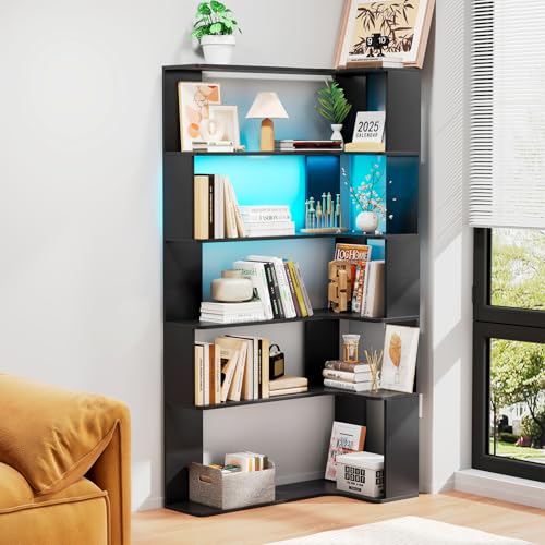 5-Etagen Eckregal Mit LED-Beleuchtung, Dreieckiges Bücherregal Für Die Ecke, Platzsparendes Regal Mit Beleuchtung Für Wohnzimmer, Schlafzimmer, Büro, Höhenverstellbar & Wackelfrei (Schwarz) von ChromaCasa