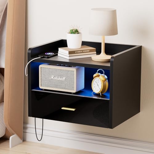 An der Wand montierter Nachttisch mit LED und Ladestation – Schwebender Nachttisch mit 1 Schublade und 2 offene Fächer, Steckdose 1 AC/2 USB,Möbelstück für kleine Schlafzimmer(1 PCS, Schwarz) von ChromaCasa