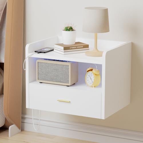 An der Wand montierter Nachttisch mit LED und Ladestation – Schwebender Nachttisch mit 1 Schublade und 2 offene Fächer, Steckdose 1 AC/2 USB,Möbelstück für kleine Schlafzimmer (1 PCS, Weiß) von ChromaCasa