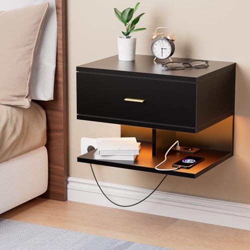 ChromaCasa An der Wand montierter Nachttisch mit LED und Ladestation – Schwebender Nachttisch mit 1 Schublade und 2 offene Fächer, Steckdose 1 AC/2 USB, Möbelstück für kleine Schlafzimmer (Schwarz) von ChromaCasa