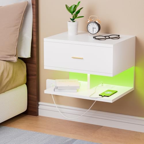 ChromaCasa An der Wand montierter Nachttisch mit LED und Ladestation – Schwebender Nachttisch mit 1 Schublade und 2 offene Fächer, Steckdose 1 AC/2 USB, Möbelstück für kleine Schlafzimmer (Weiß) von ChromaCasa
