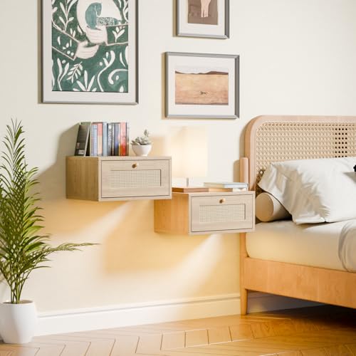 ChromaCasa Nachttisch zur Wandmontage mit LED-Leuchten – Schwebender Nachttisch mit Schublade, platzsparender Schmaler Schrank für kleine Schlafzimmer, braunes Holz-Finish (40 x 30 x 20 cm) (2) von ChromaCasa