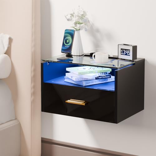 ChromaCasa Wand-Nachttisch mit Beleuchtung, 3-stufiger Nachttisch mit Einer Schublade, Ablagefläche aus gehärtetem Glas, 2 AC/2 USB-Anschlüsse, aus Holz mit Ladestation für Schlafzimmer (1, Schwarz) von ChromaCasa