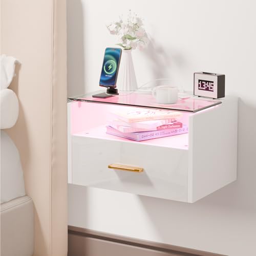 ChromaCasa Wand-Nachttisch mit Beleuchtung, 3-stufiger Nachttisch mit Einer Schublade, Ablagefläche aus gehärtetem Glas, 2 AC/2 USB-Anschlüsse, aus Holz mit Ladestation für Schlafzimmer (1, Weiß) von ChromaCasa