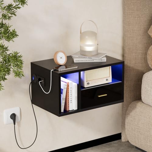 ChromaCasa Wandmontierter Nachttisch mit LED und Ladestation – Schwebender Nachttisch mit 1 Schublade und 2 offene Fächer, Steckdose 1 AC/2 USB, Möbelstück für kleine Schlafzimmer (1, Schwarz) von ChromaCasa