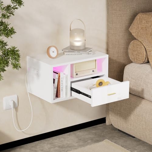 ChromaCasa Wandmontierter Nachttisch mit LED und Ladestation – Schwebender Nachttisch mit 1 Schublade und 2 offene Fächer, Steckdose 1 AC/2 USB, Möbelstück für kleine Schlafzimmer (1, Weiß) von ChromaCasa